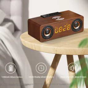 Wooden Retro Theme Wireless Charger Bluetooth Speaker Alarm Clock