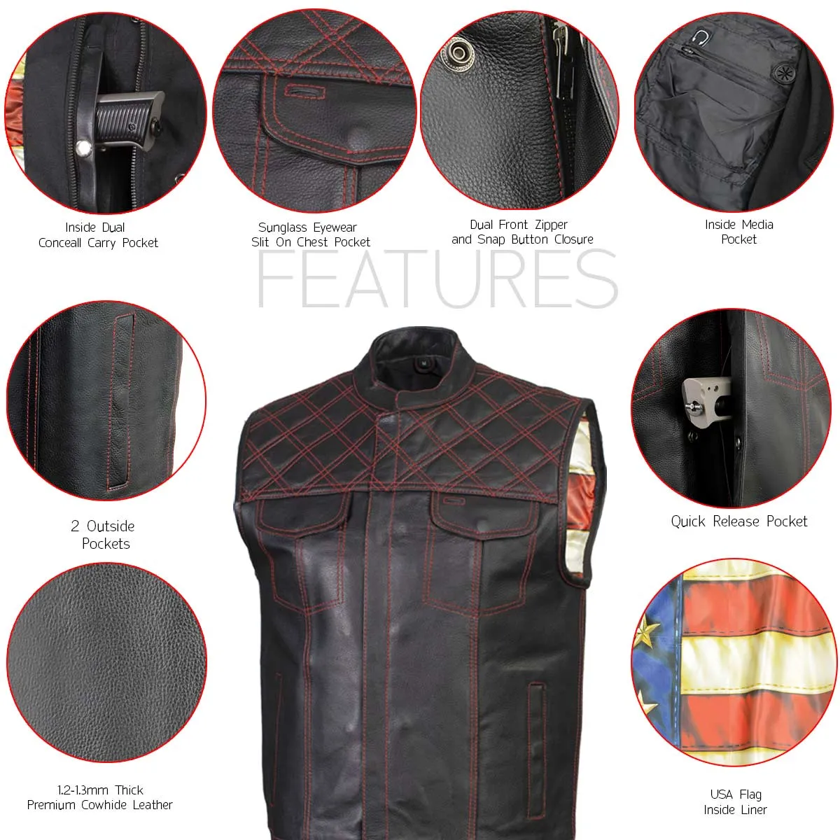 Xelement ‘Gold Series’ XS13002 Men's 'Stars and Stripes’ Black Leather Motorcycle Vest with USA Flag Liner